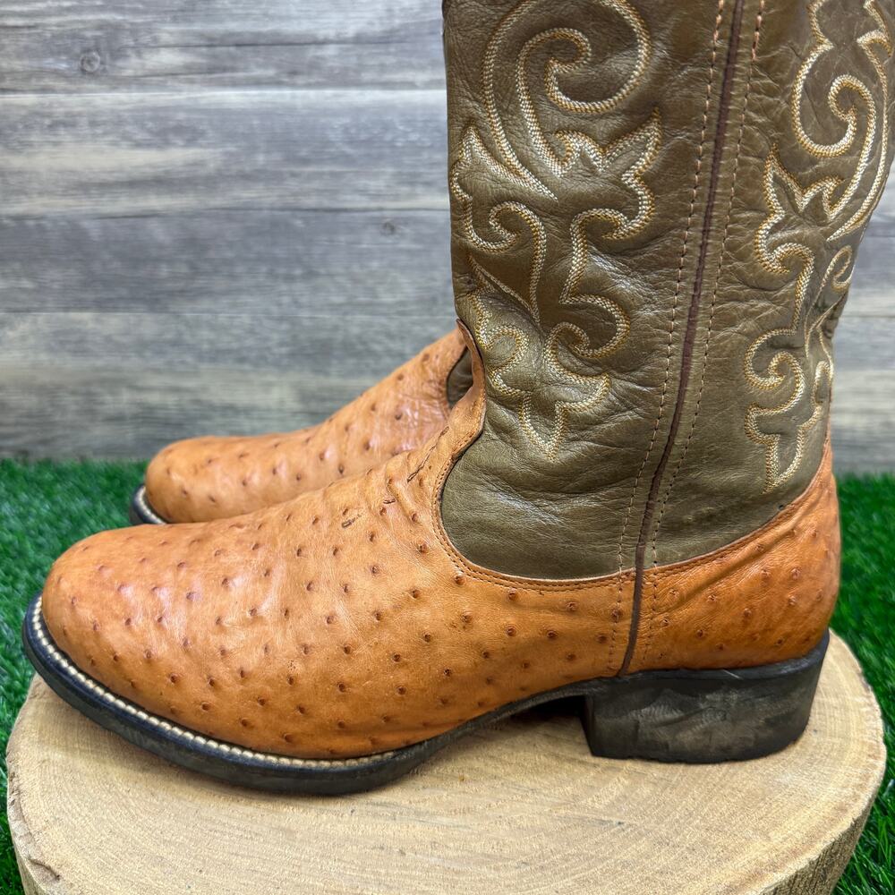 Goyazes Men - Size 9 - Olive Green/Tan Ostrich Cowboy Boots Style 359340 - Picture 6 of 11